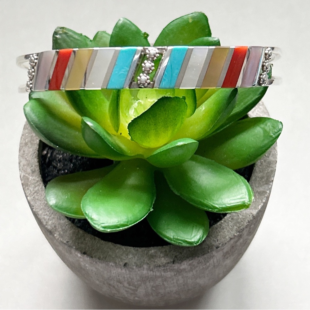 Fabian Sheyka Zuni Signed Turquoise Gemstone Inlay Sterling Silver Cuff Bracelet